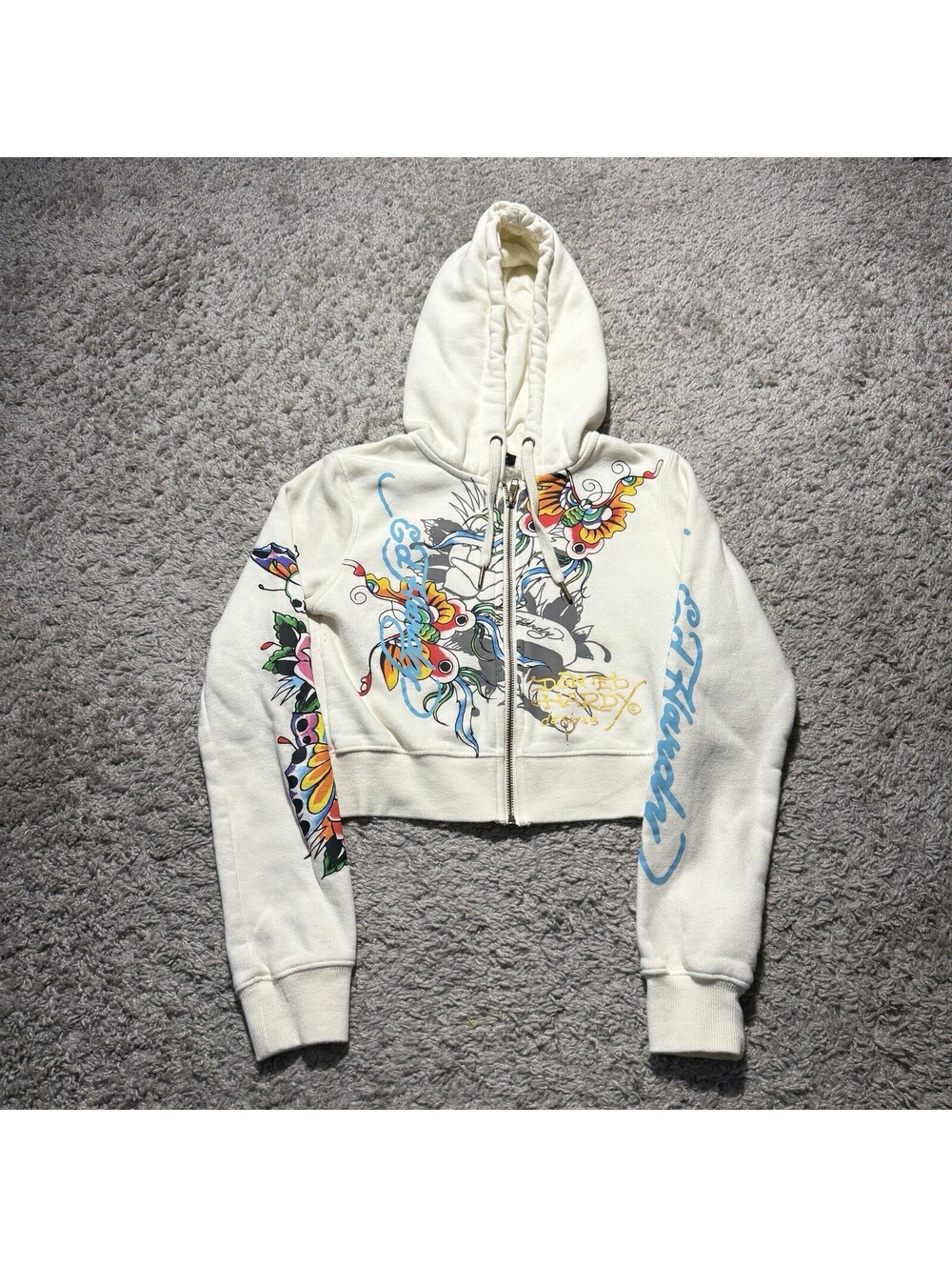 Y2K Ed Hardy Roses Butterfly Cropped Zip Up Hoodie Women's Small Tattoo Art